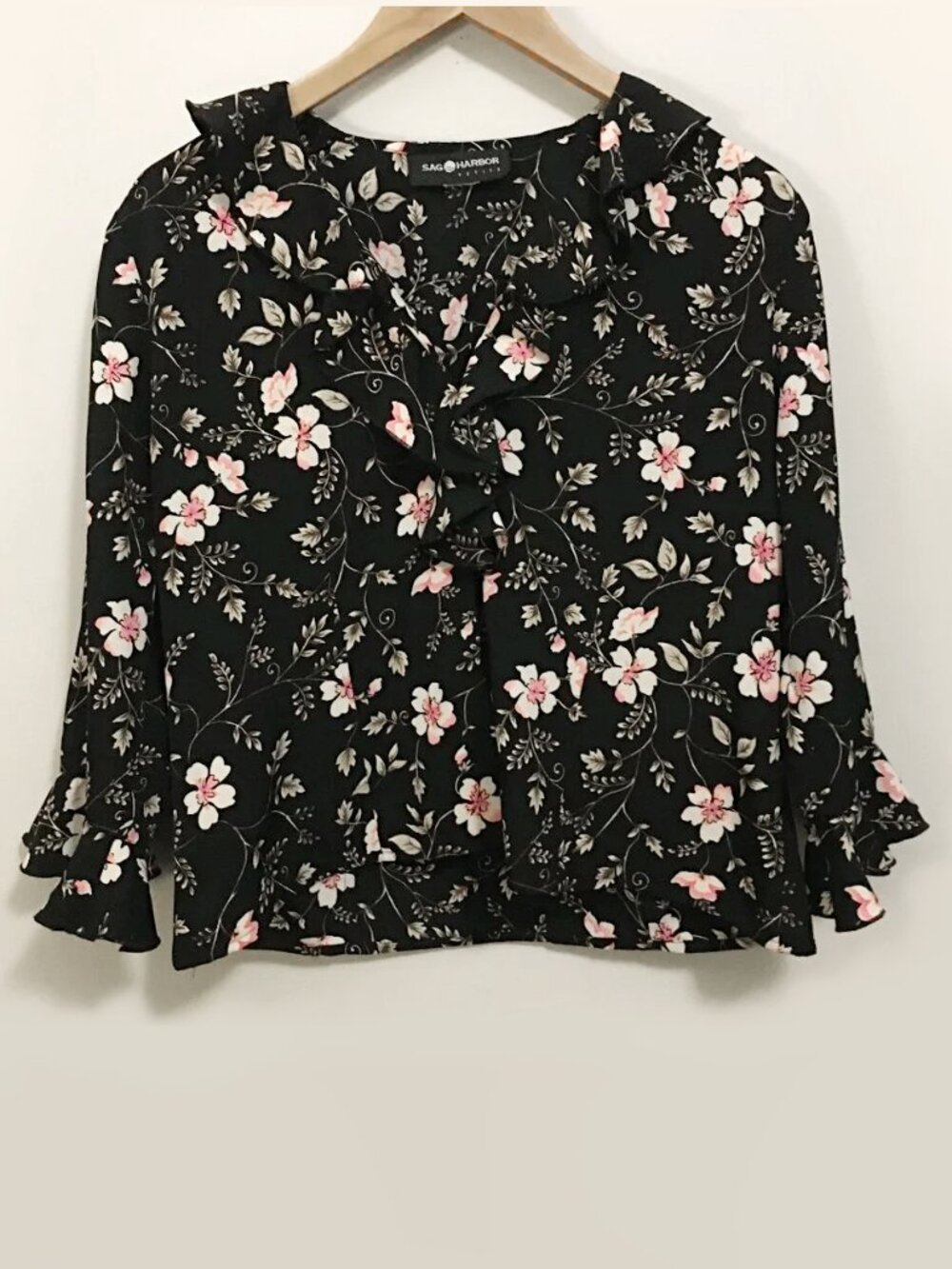 Sag Harbor 90s Coquette Black Floral Ruffle Collar Blouse Medium Dark Romance